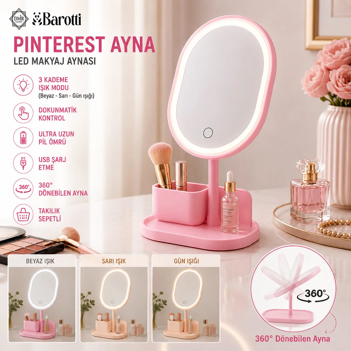 Yuvarlak- Düz Kenar 7 İnç Ledli - Usb Şarjlı Makyaj Aynası 90°TAKILIKLI Ayakr.pls 17.5CM
