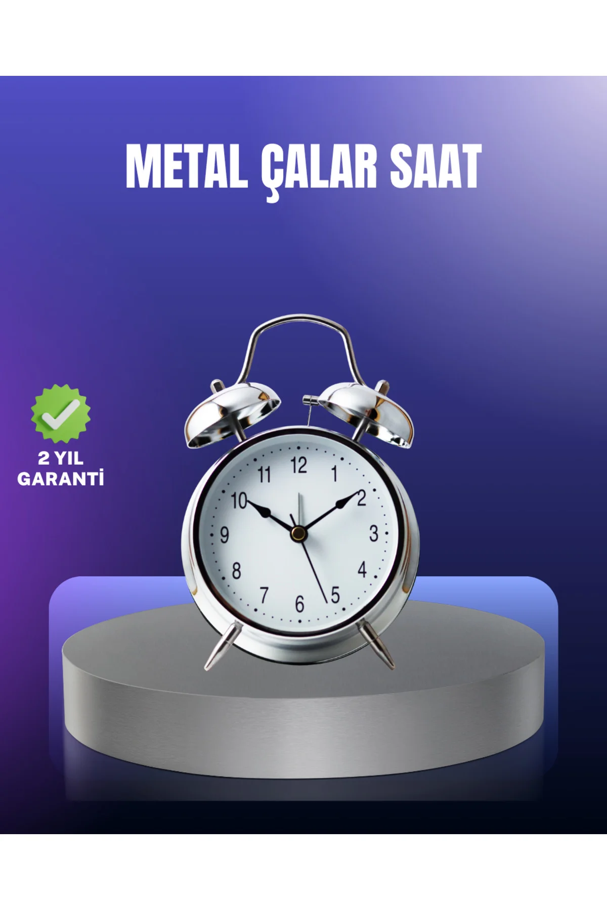 Yuvarlak Gümüş Dekoratif Işıklı Masa Üstü Saat Alarmlı Sessiz Çal