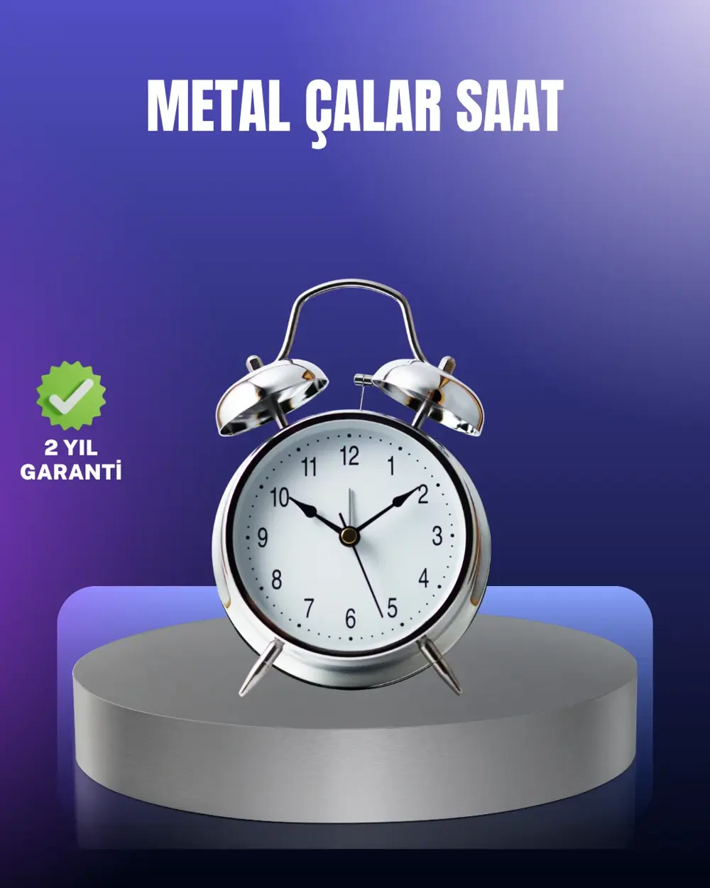 Yuvarlak Gümüş Dekoratif Işıklı Masa Üstü Saat Alarmlı Sessiz Çal