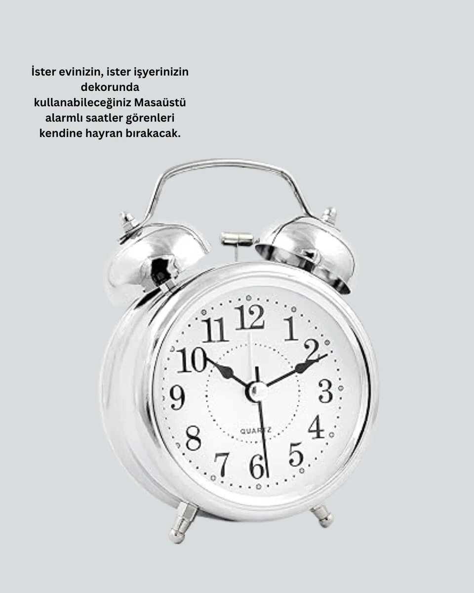 Yuvarlak Gümüş Işıklı Alarmlı Masa Saati Sessiz Mekanizma - Ev Ofis Dekorasyonu