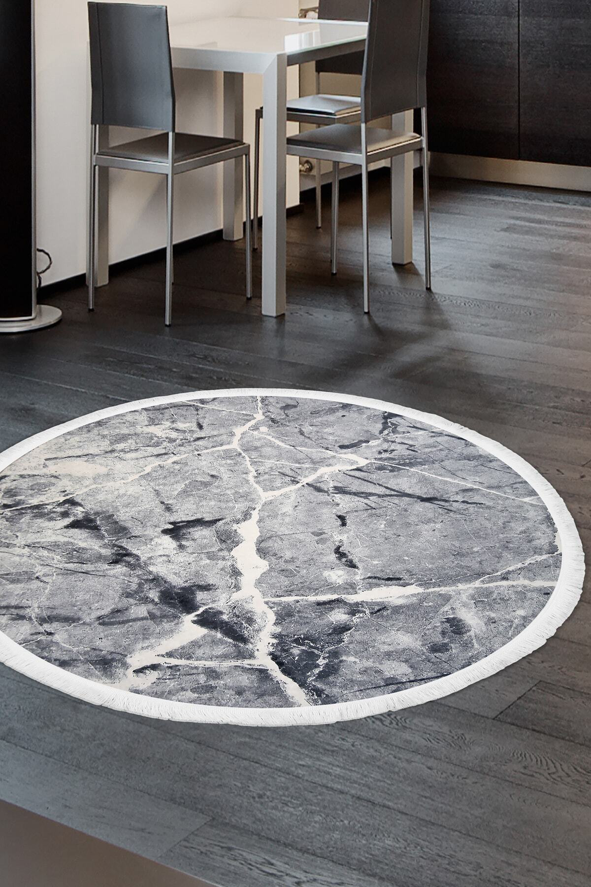 Yuvarlak Halı Yıkanabilir Antialaerjik Granit Gri 160X160