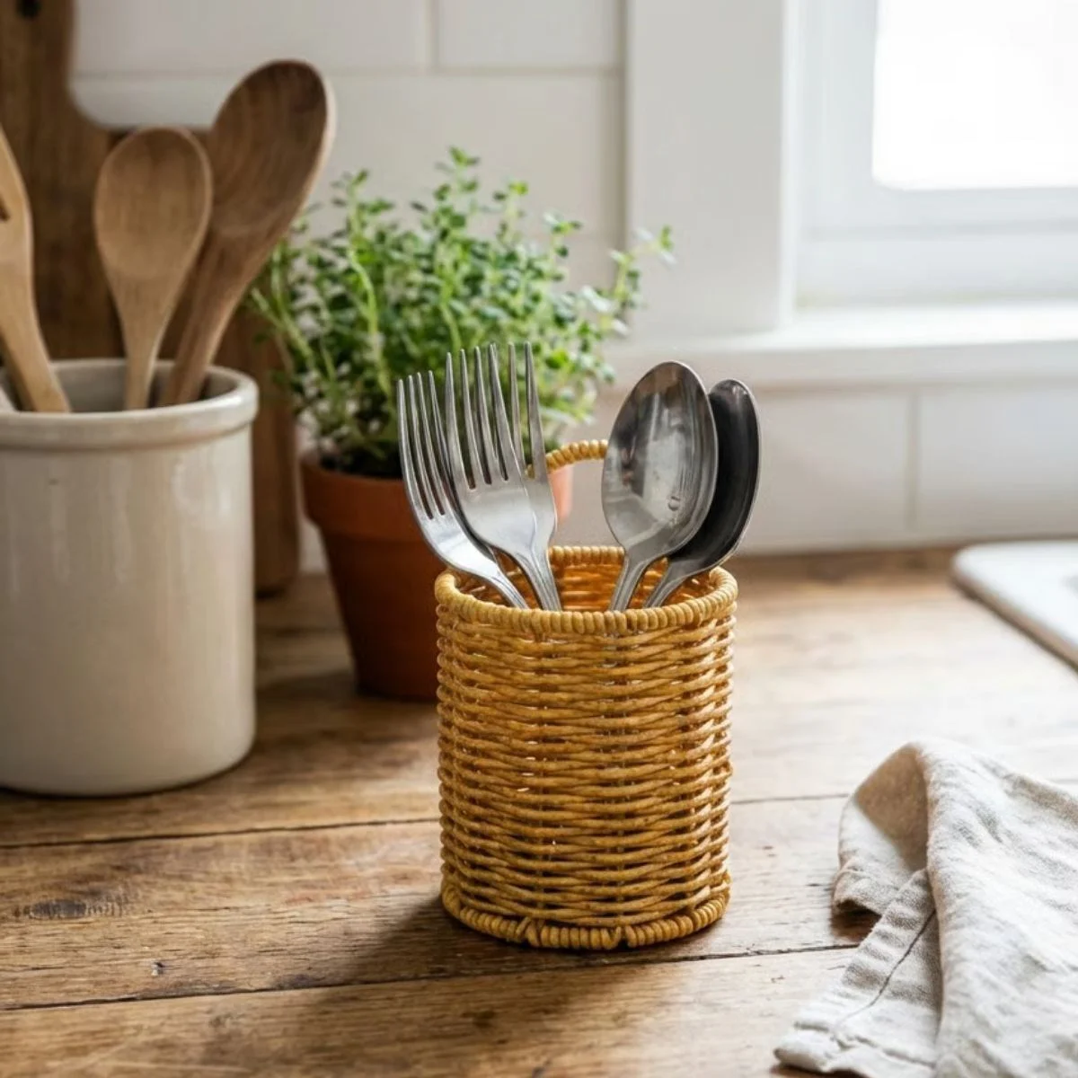 Yuvarlak Hasır Dokulu Plastik Rattan Kaşıklık & Çatallık – Askılı Kendiliğinden Tutmalı Çok Amaçlı Mutfak Organizeri Yuvarlak Hasır Dokulu Plastik Rattan Kaşıklık & Çatallık – Askılı Kendiliğinden Tutmalı Çok Amaçlı Mutfak Organizeri