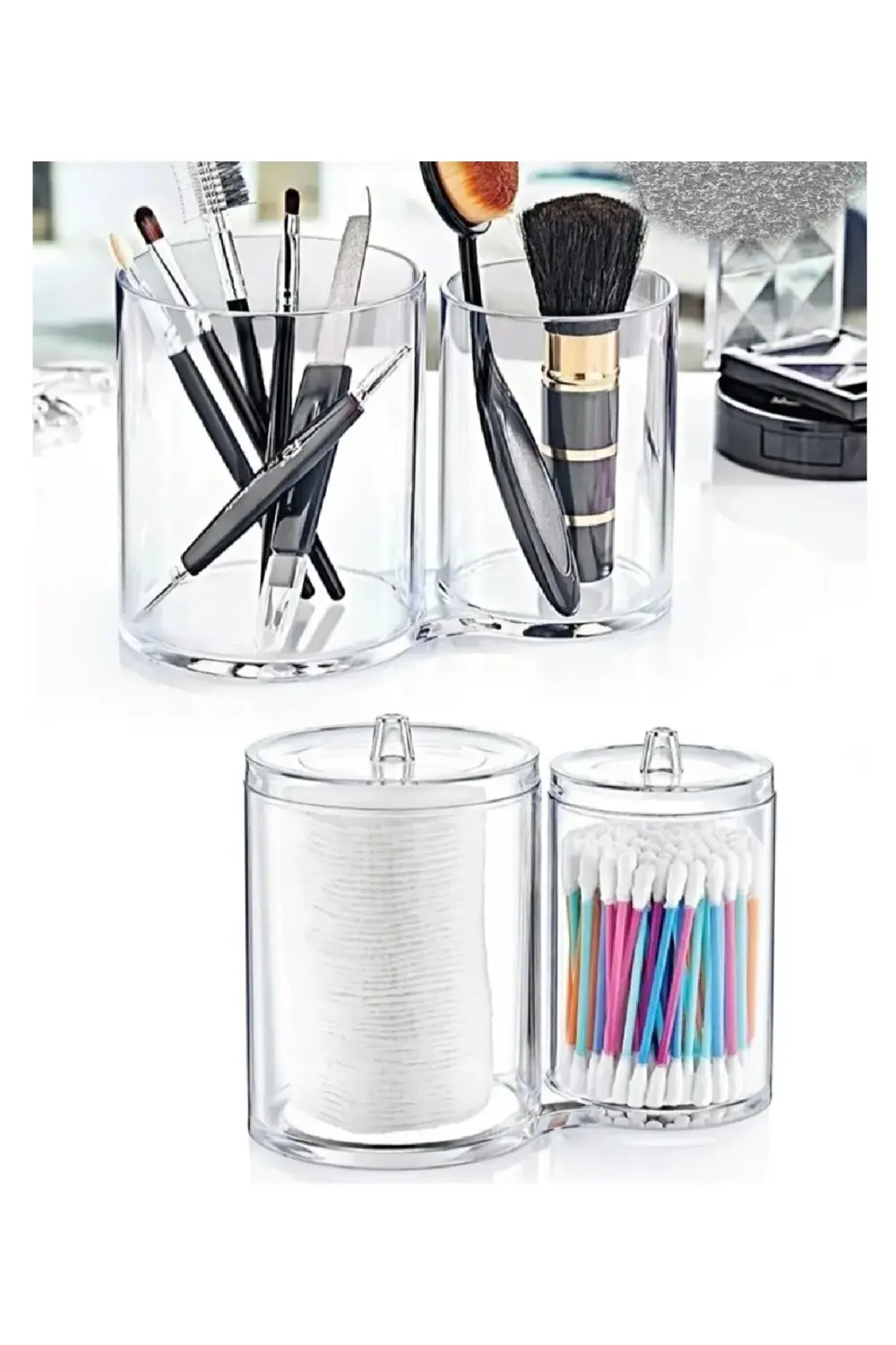 Yuvarlak İkili Organizer İkiz Kutular Pamukluk Makyaj Malzemeleri