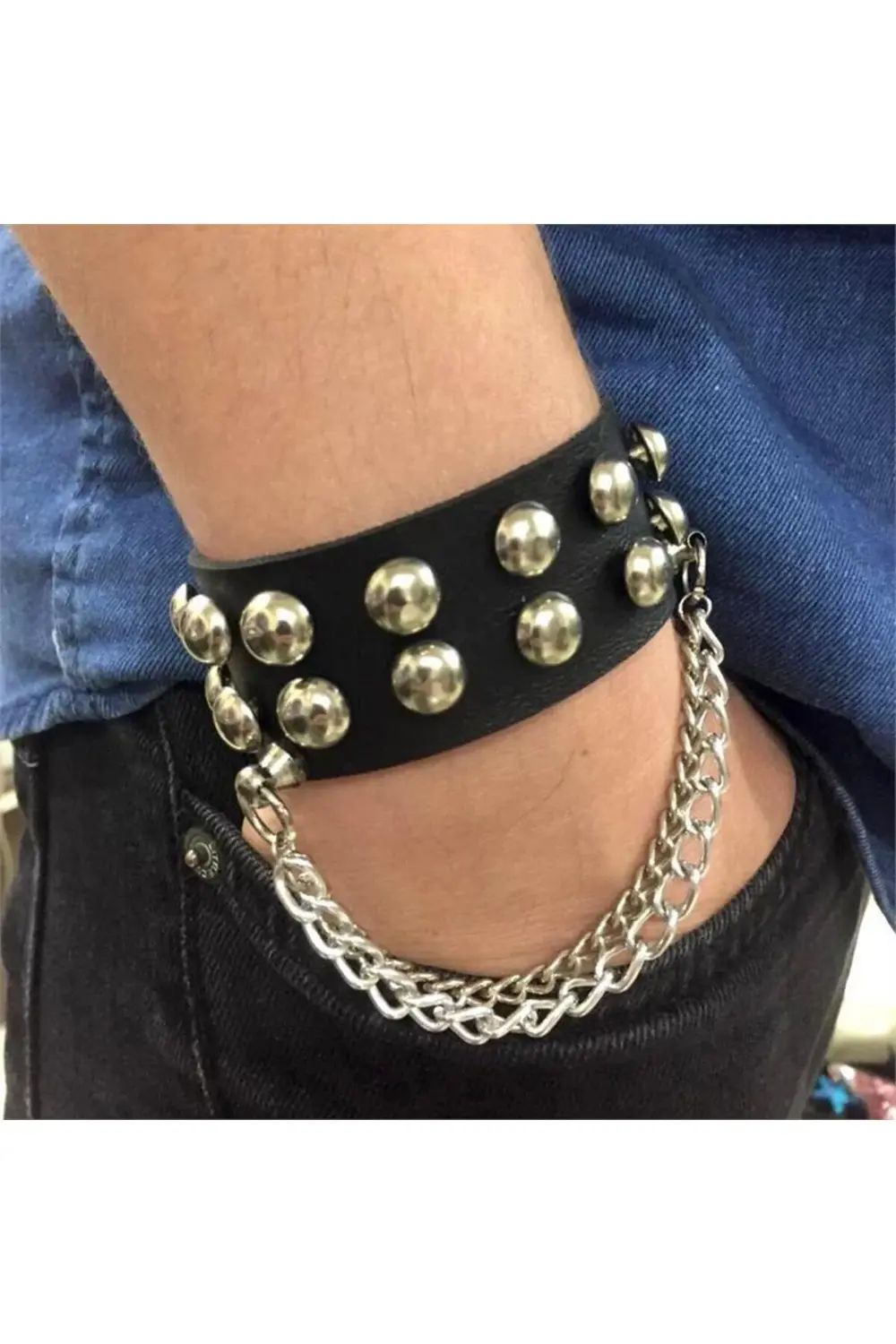 Yuvarlak Metal Detaylı Zincirli Deri Bileklik