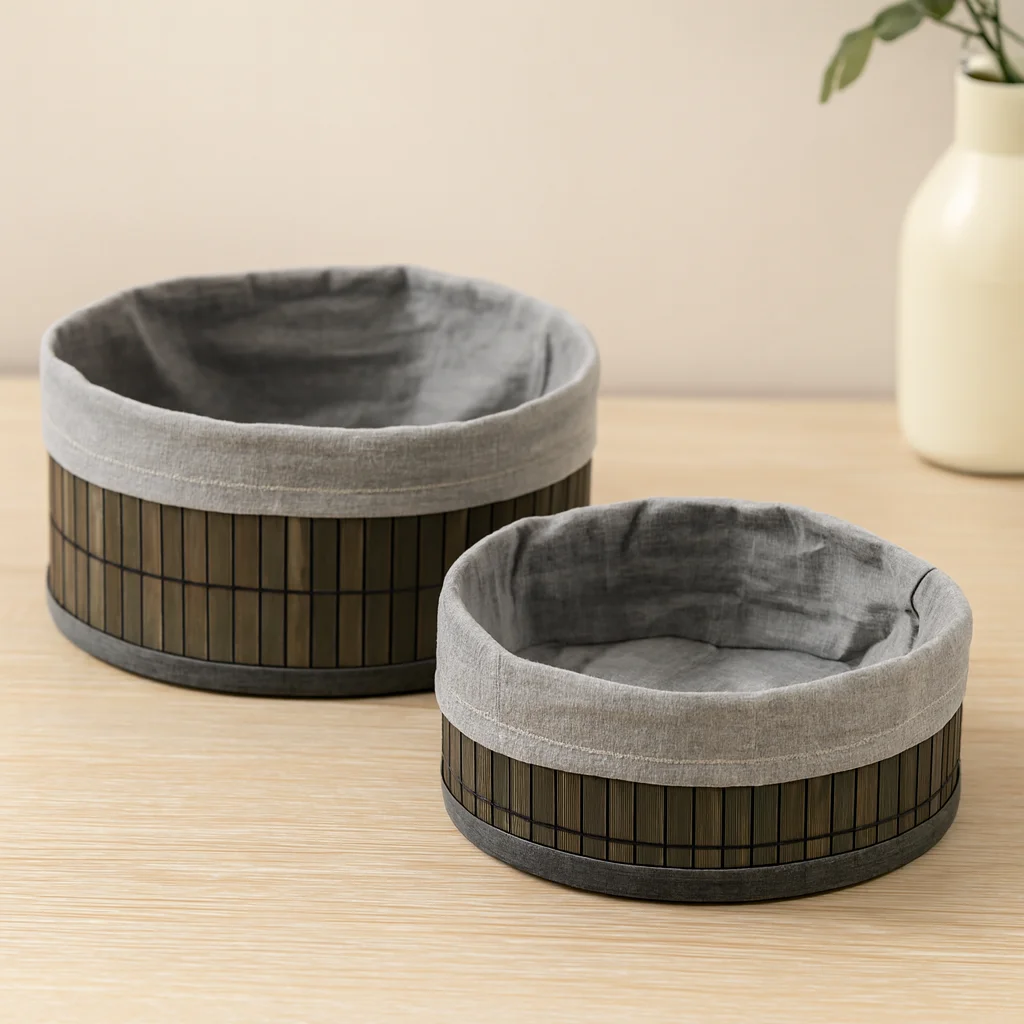 Yuvarlak Organizer Sepet - Bambu Kenarlı Ahşap Taban Bezli (Çap 22x24 cm) Fiyatı, Yorumları ve Özellikleri