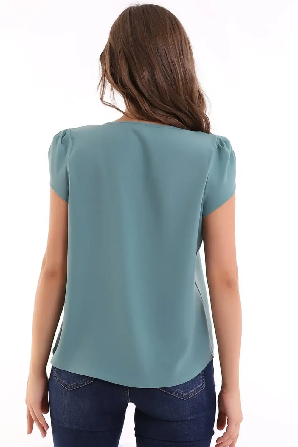 Yuvarlak Pileli Yakalı Kol Detaylı Rahat Kesim Kısa Kol Şık Ve Co