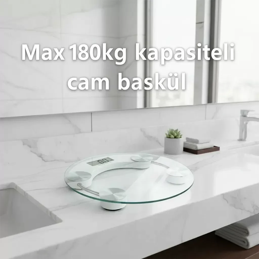 Yuvarlak Şeffaf Dijital Cam Baskül Tartı – 180 Kg Taşıma Kapasite