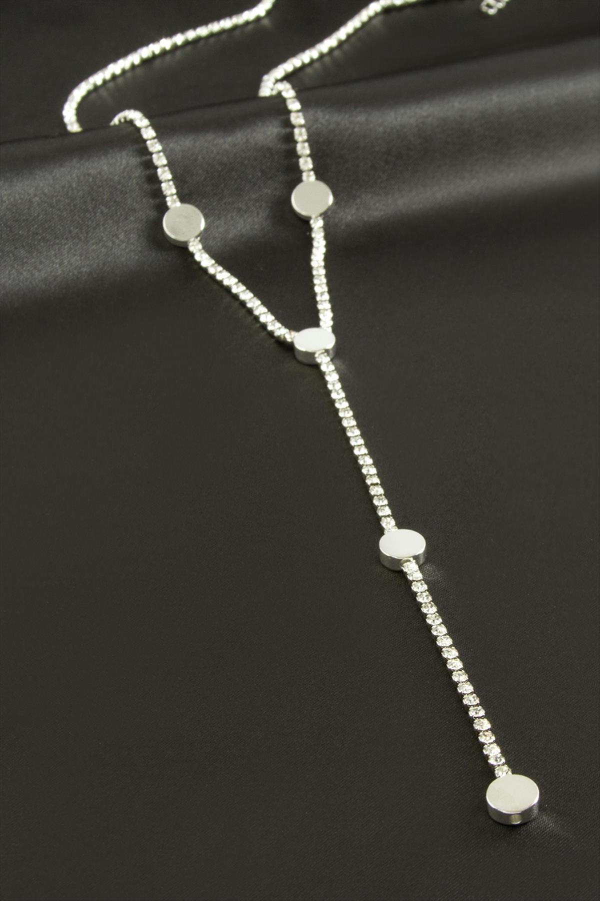 Yuvarlak Şerit Taşlı Çelik Y Kolye Zirkon Taşlı Kolye Şık Tasarım