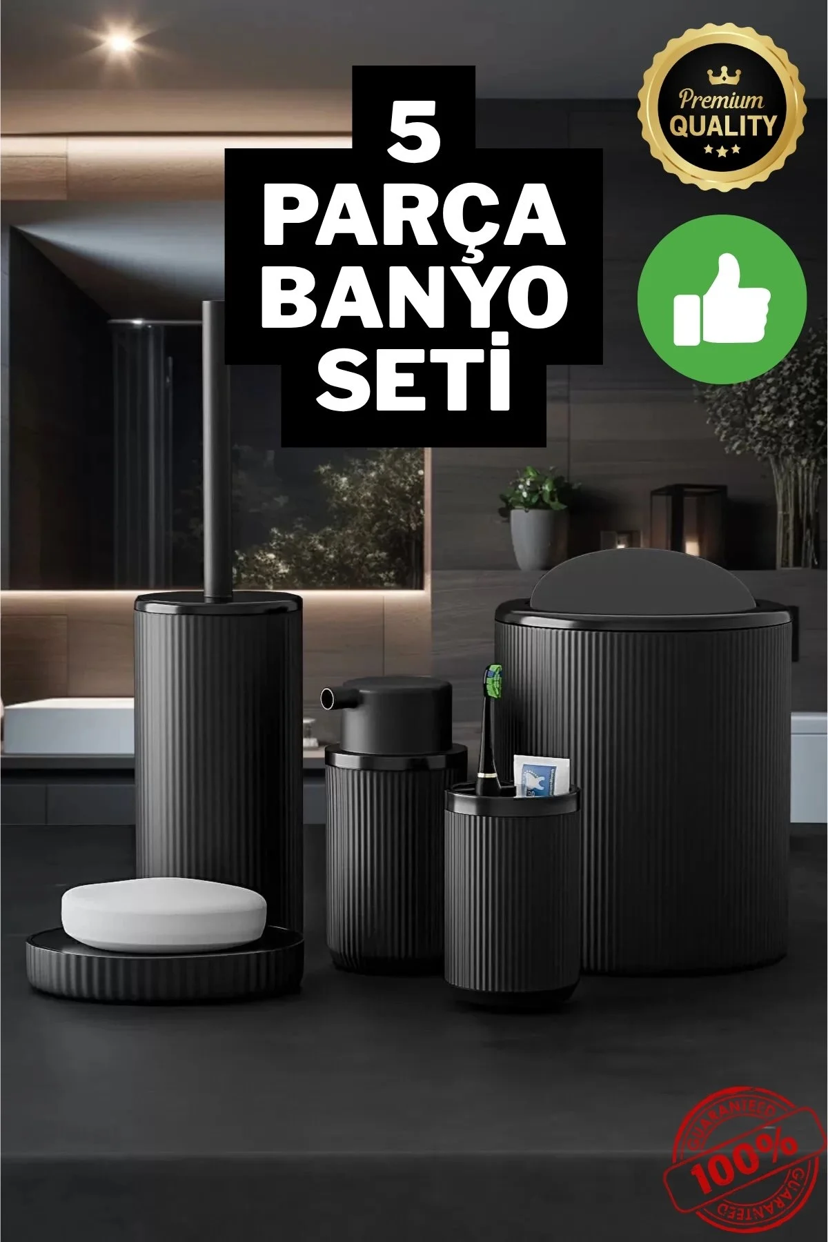Yuvarlak Siyah 5 Parça Banyo Seti Çöp Kovası Fırça Sabunluk Diş Fırçalık Aksesuar