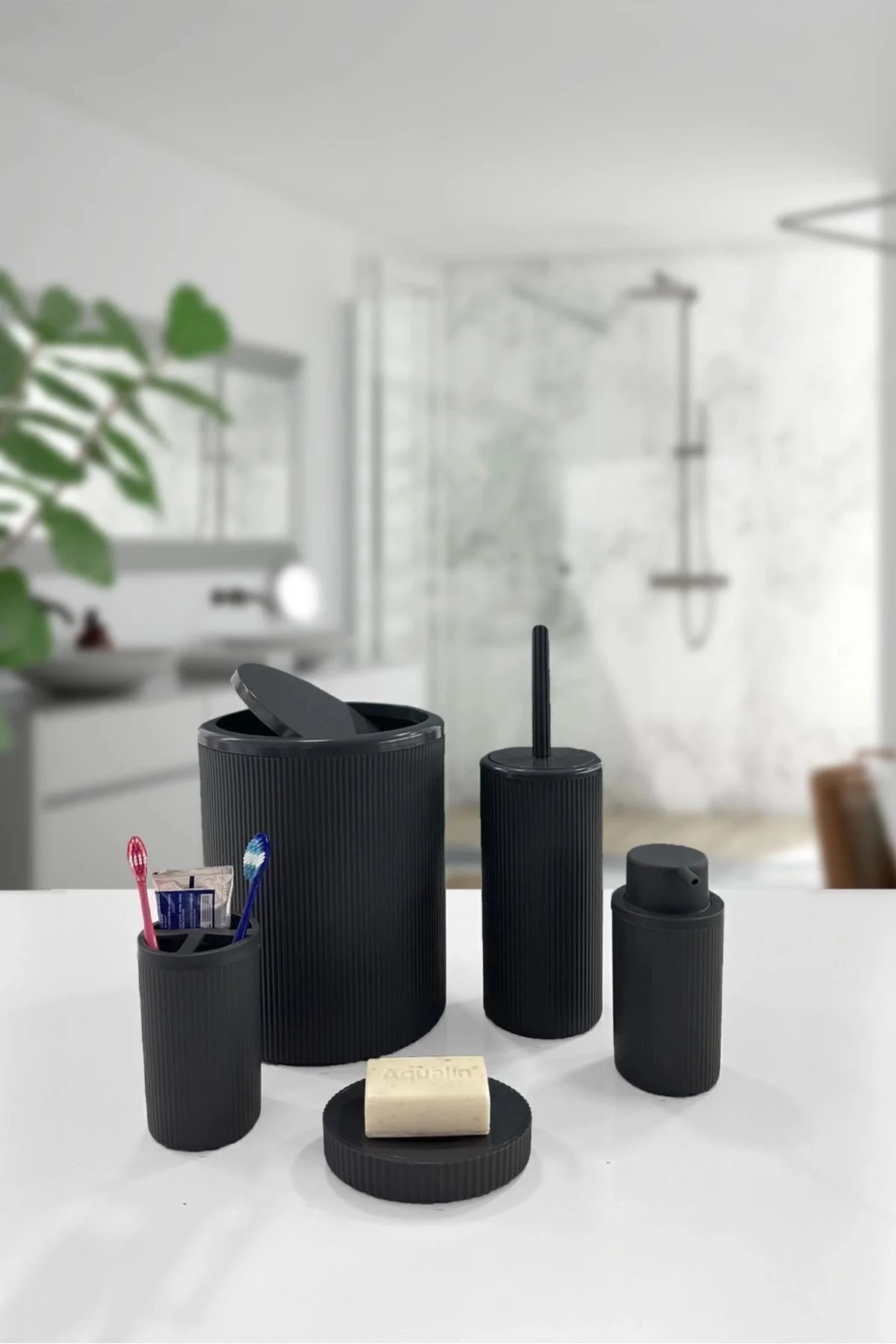 Yuvarlak Siyah 5 Parça Banyo Seti Çöp Kovası Fırça Sabunluk Diş Fırçalık Aksesuar