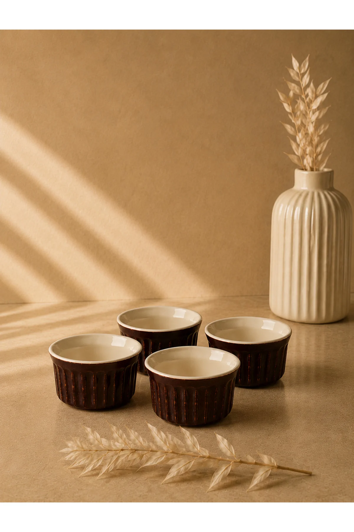 Yuvarlak Sufle Kabı 8,7 Cm Reaktif Krem & Kahverengi 4'lü Set | Porselen Fırın Kabı