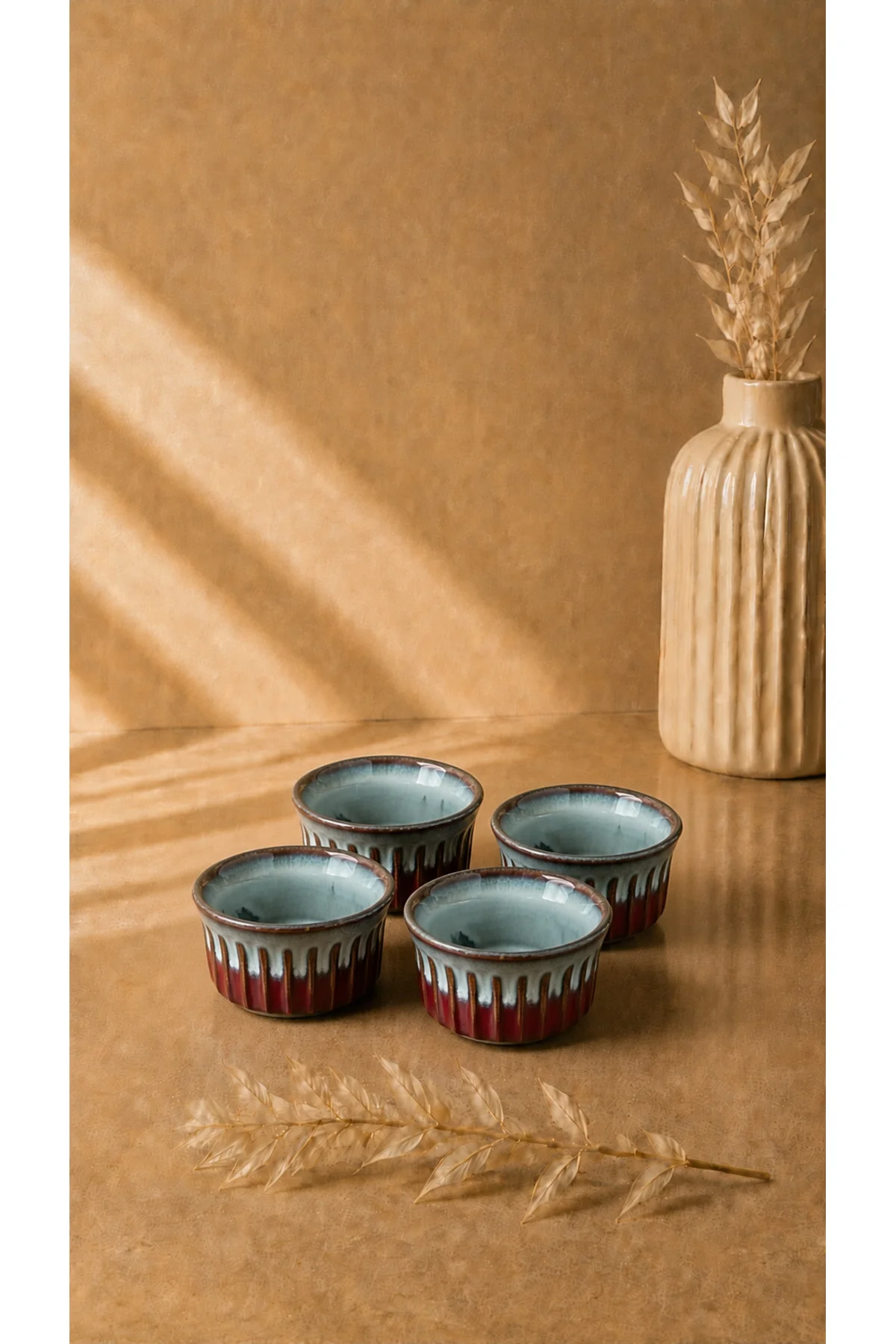 Yuvarlak Sufle Kabı 8,7 Cm Reaktif Kırmızı & Krem 4'lü Set | Porselen Fırın Kabı