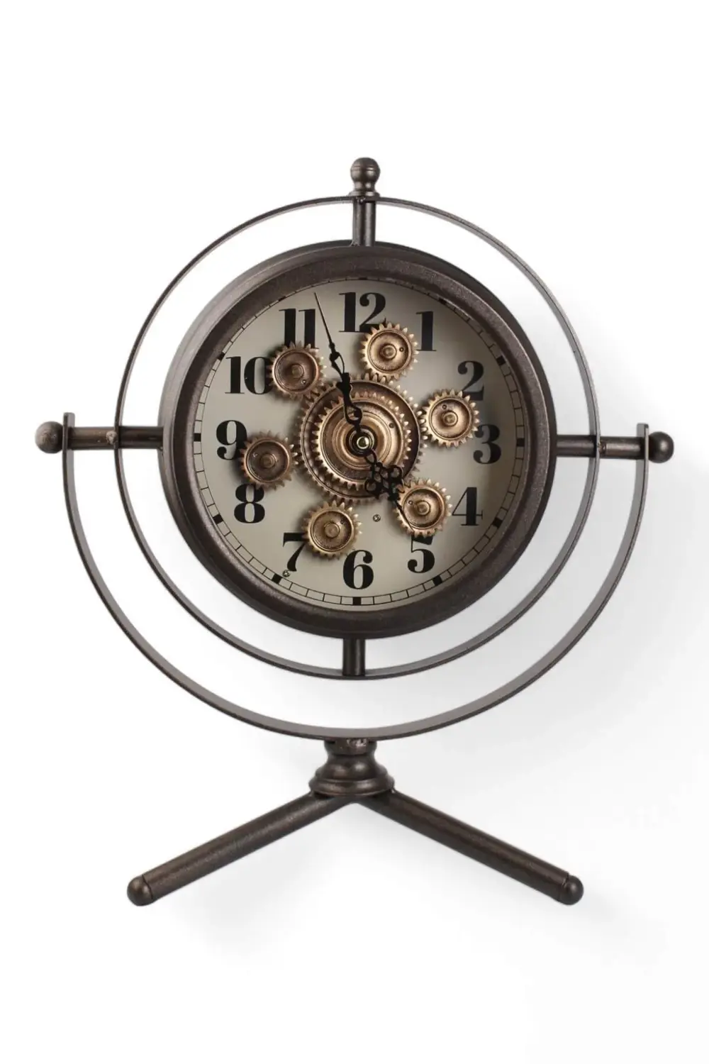 Yuvarlak Tripod Ayaklı Çarklı Büyük Masa Saati (Y: 41 cm, Çap: 27