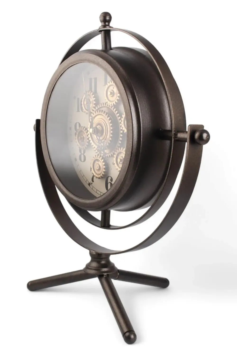 Yuvarlak Tripod Ayaklı Çarklı Büyük Masa Saati (Y: 41 cm, Çap: 27