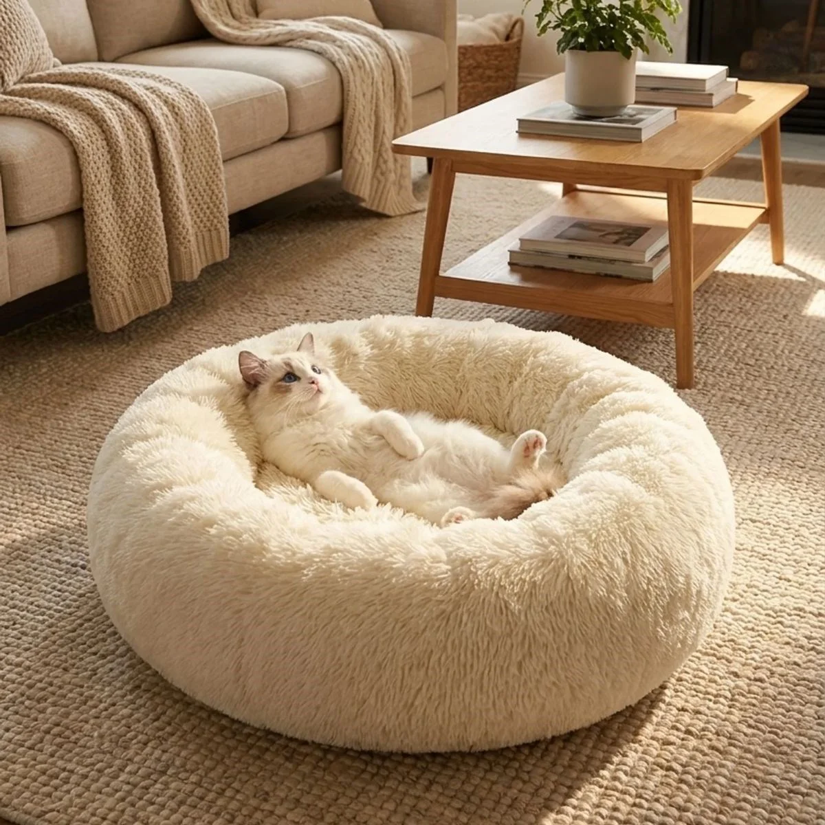 Yuvarlak Ultra Yumuşak Welsoft Peluş Kedi ve Köpek Yatağı – Kaymaz Taban Tüylü Pet Pufu,Uyku Minderi (krem) Fiyatı, Yorumları ve Özellikleri