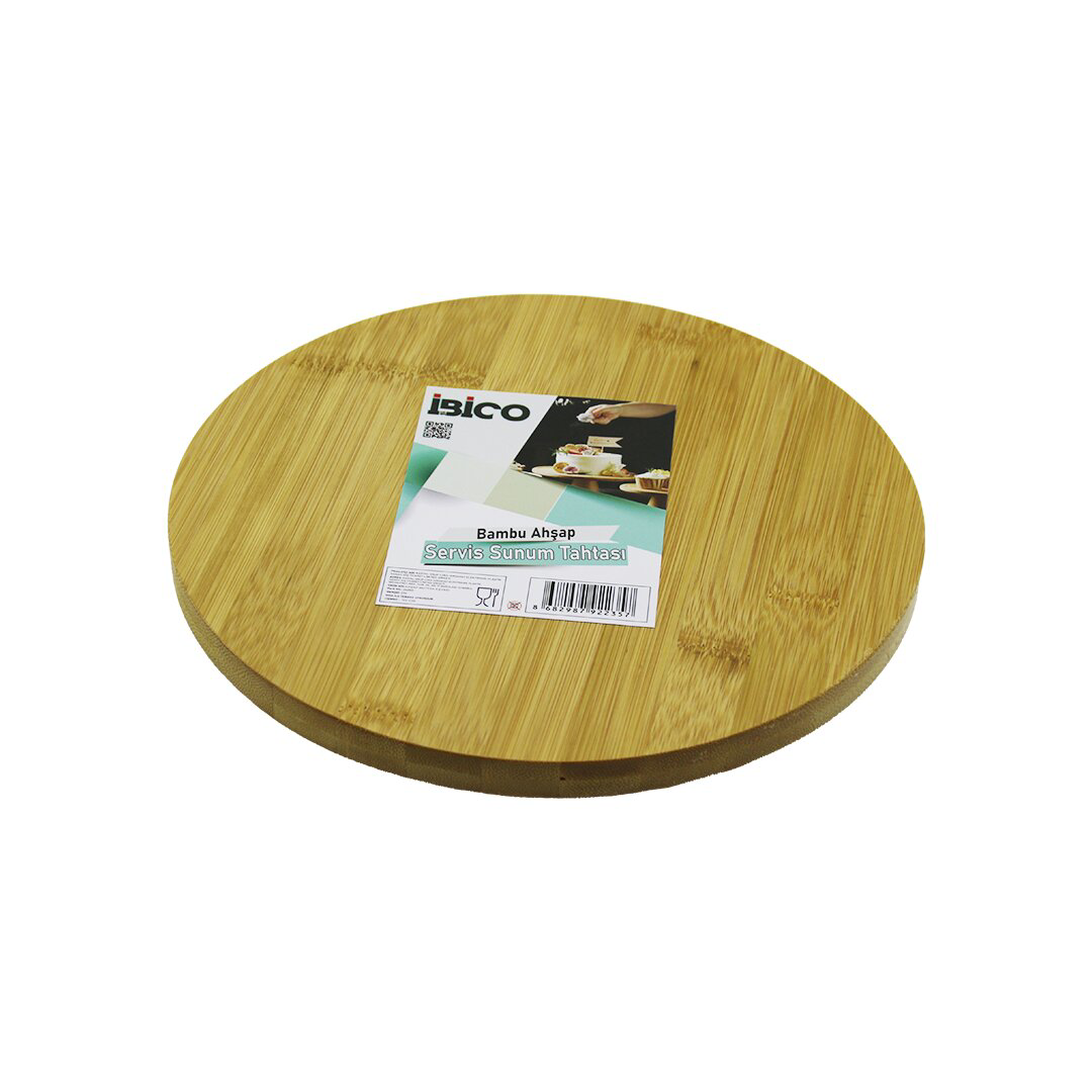 YUVARLAK=24.5CM AYAKLI= 4CM DÜZ YÜZEY AHŞAP BAMBU SUNUM TEPSİSİ -