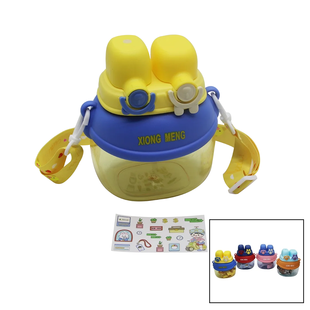 Yüz Modeli  - 2 Kilitli Kapak  Renkli Mika Kristal Suluk Matara Pipetli - Naylon Çantalı - Askılı 1280ml Bx40