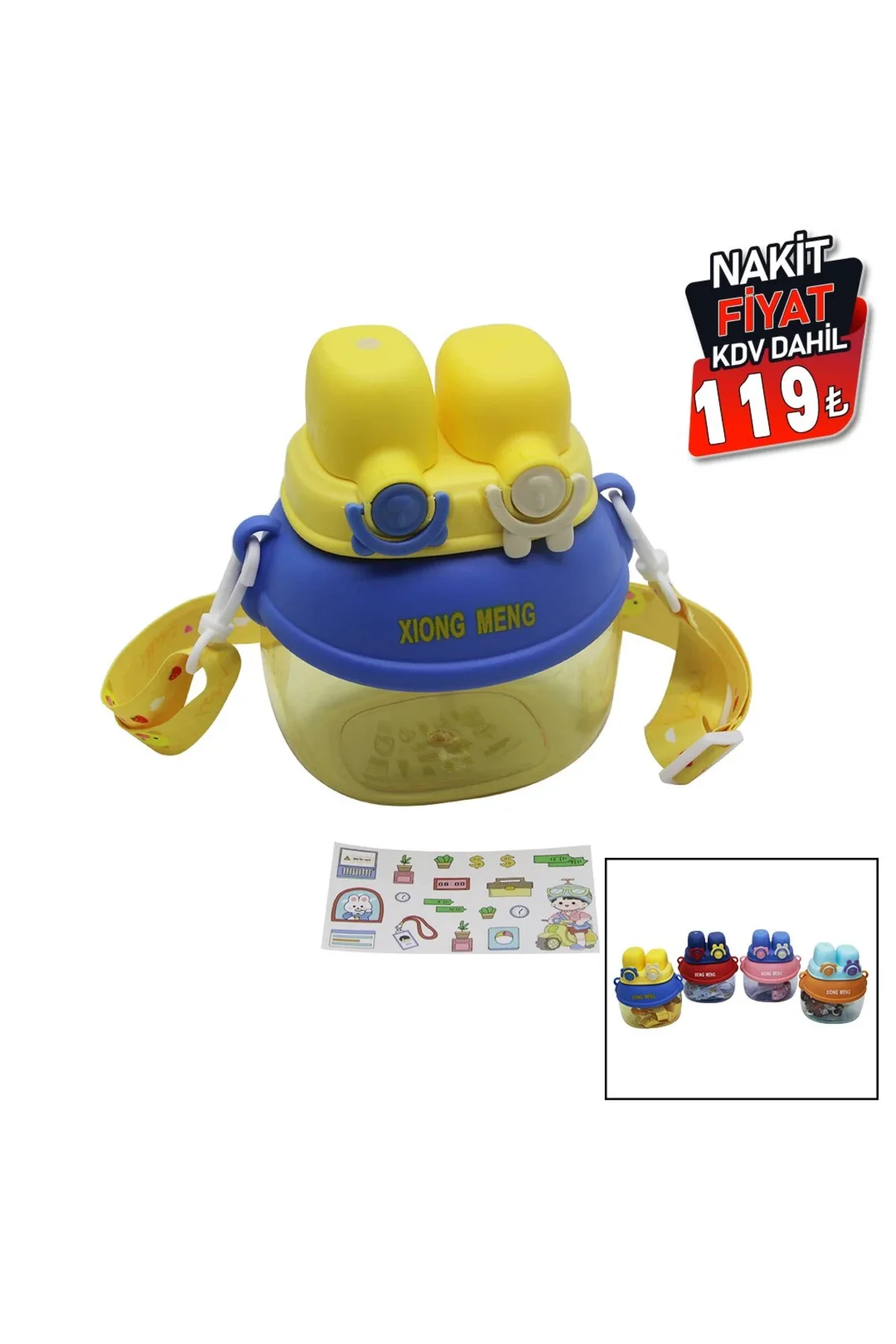 Yüz Modeli - 2 Kilitli Kapak Renkli Mika Kristal Suluk Matara Pipetli - Naylon Çantalı - Askılı 1280