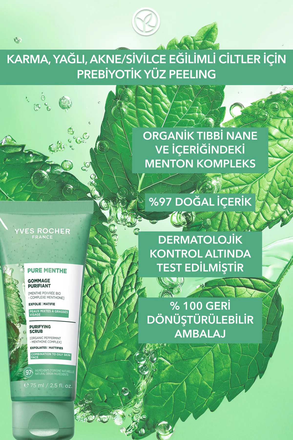 Yüz Peelingi-Karma,Yağlı, Sivilce Eğilimli Cilt-Pure Menthe Arınd