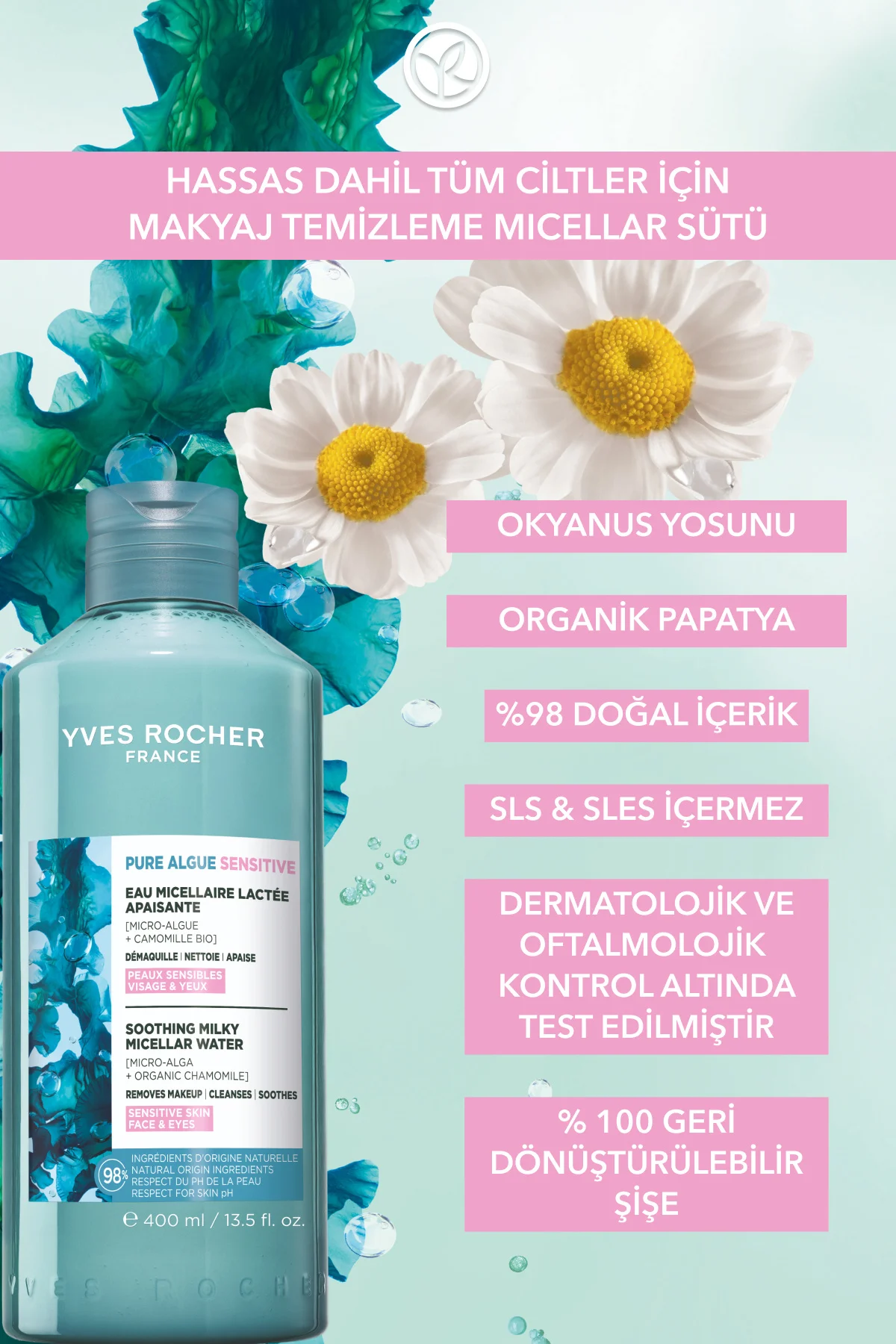 Yüz&Makyaj Temizleme Micellar Sütü-Hassas Dahil Tüm Cilt-Pure Alg