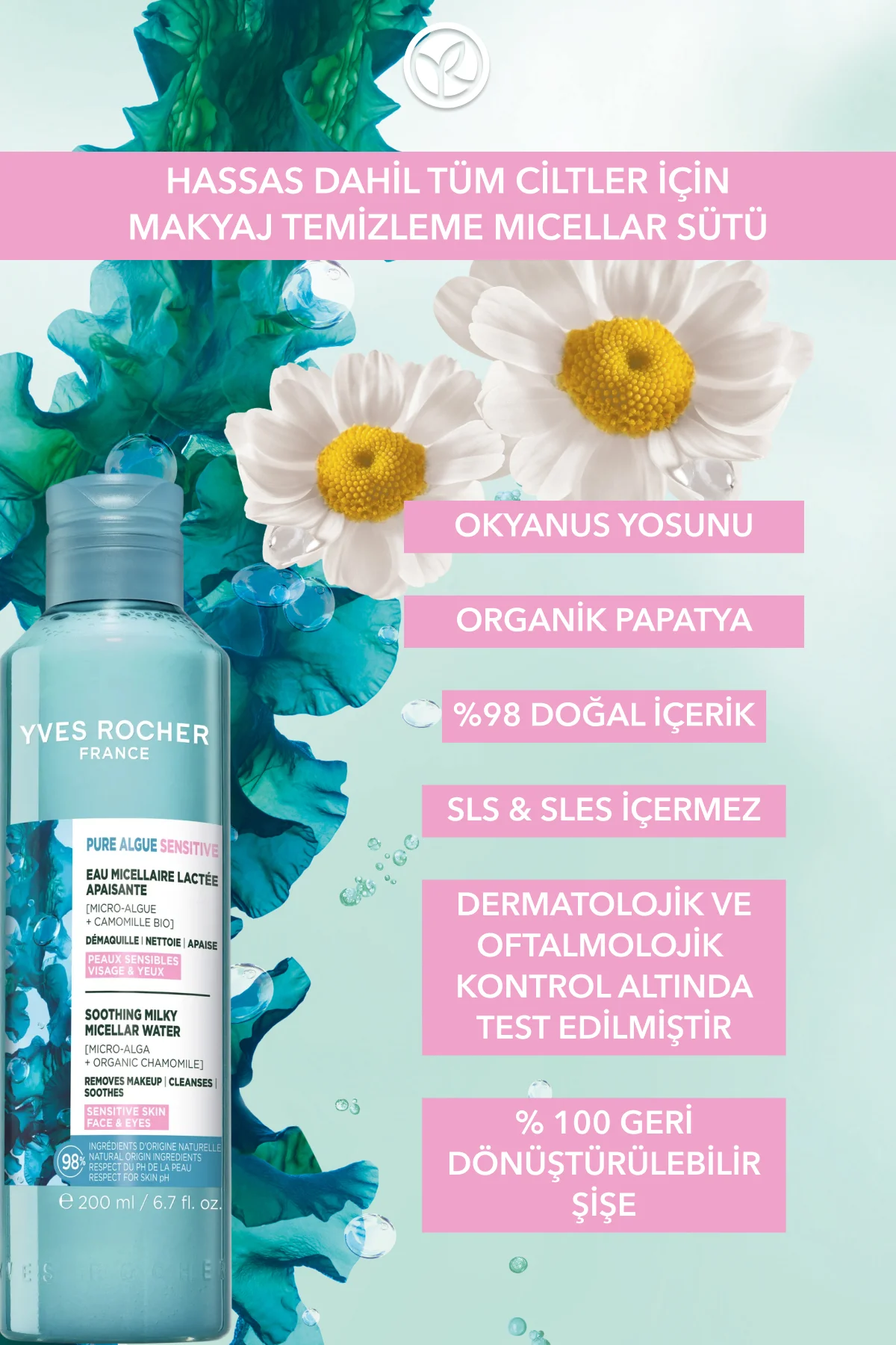 Yüz&Makyaj Temizleme Micellar Sütü-Hassas Dahil Tüm Cilt-Pure Alg