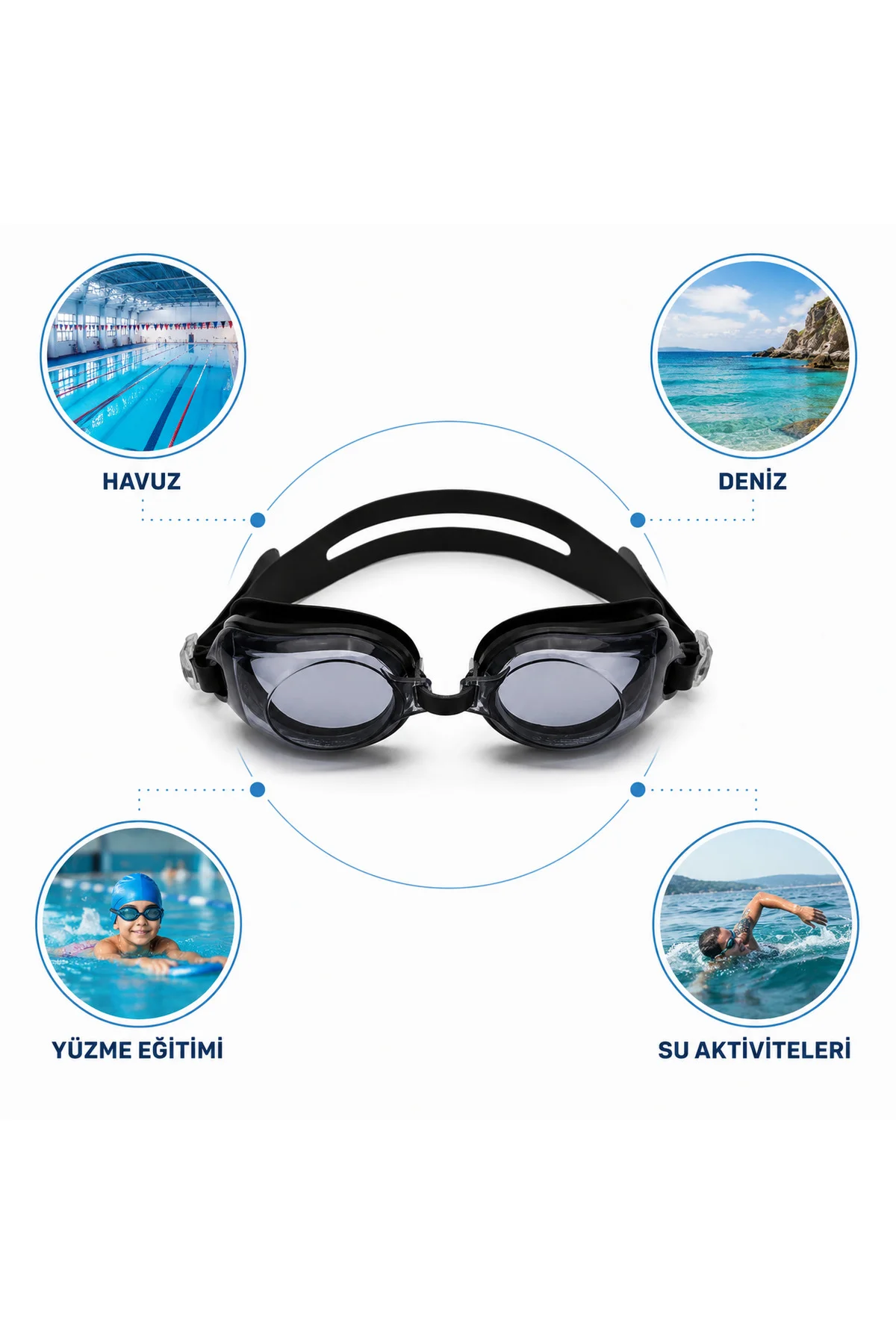 Yüzücü Gözlüğü Kulak Tıkaçlı Ayarlanabilir Havuz Deniz Gözlüğü Siyah Smoke Lens