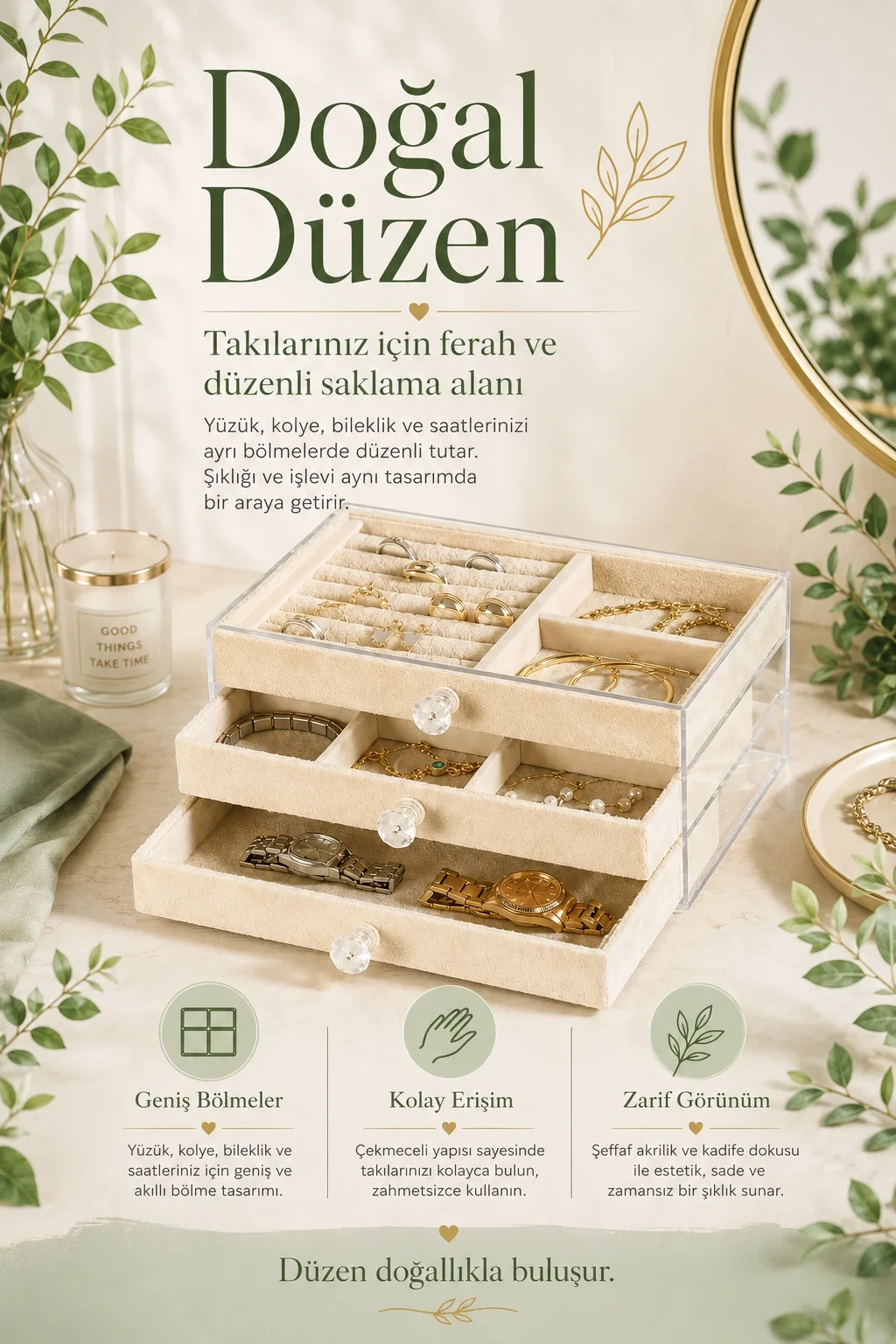 Yüzük Kolye Bileklik Saat İçin Çekmeceli Kadife Takı Organizer Kutusu