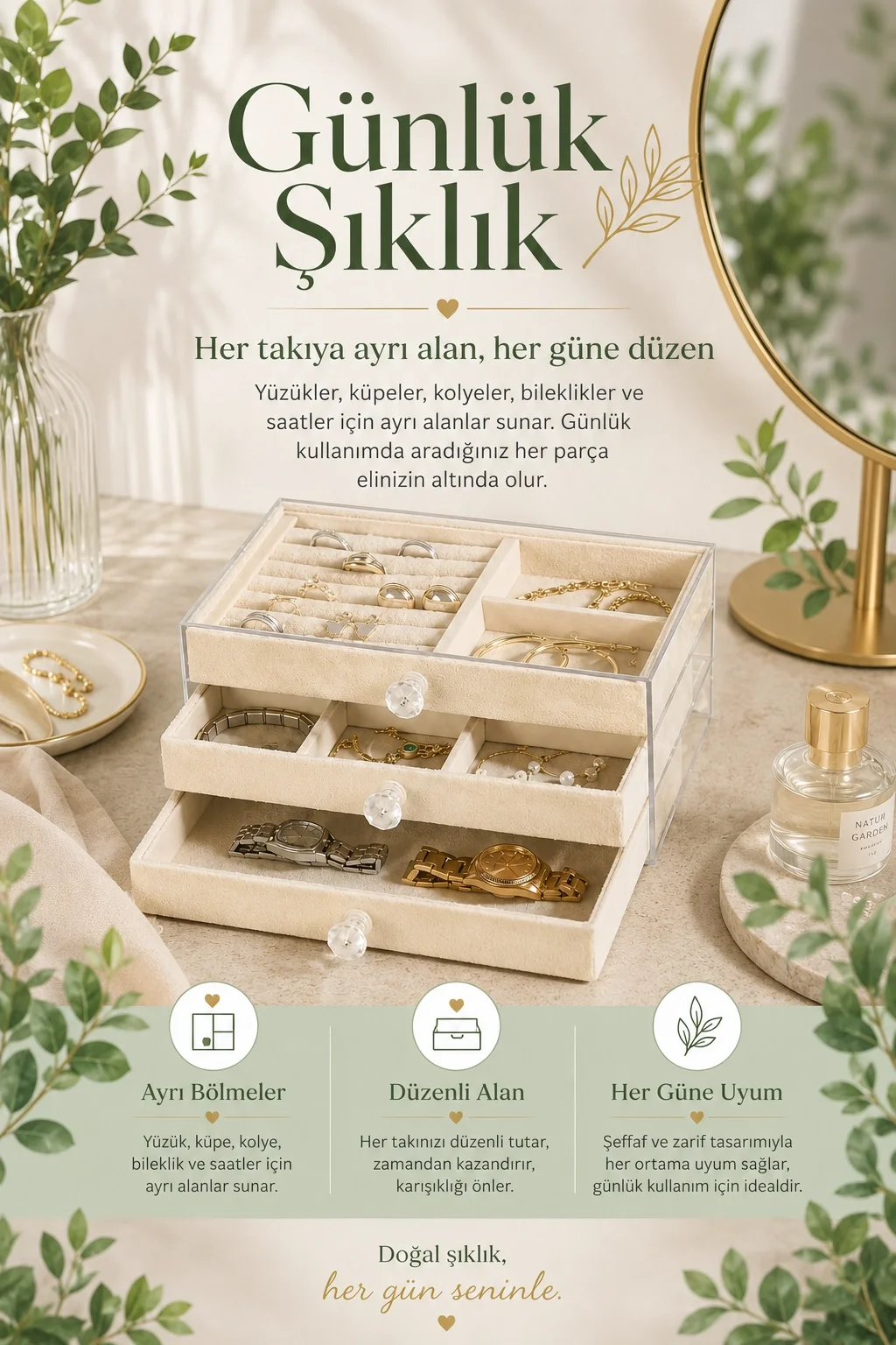 Yüzük Kolye Bileklik Saat İçin Çekmeceli Kadife Takı Organizer Kutusu