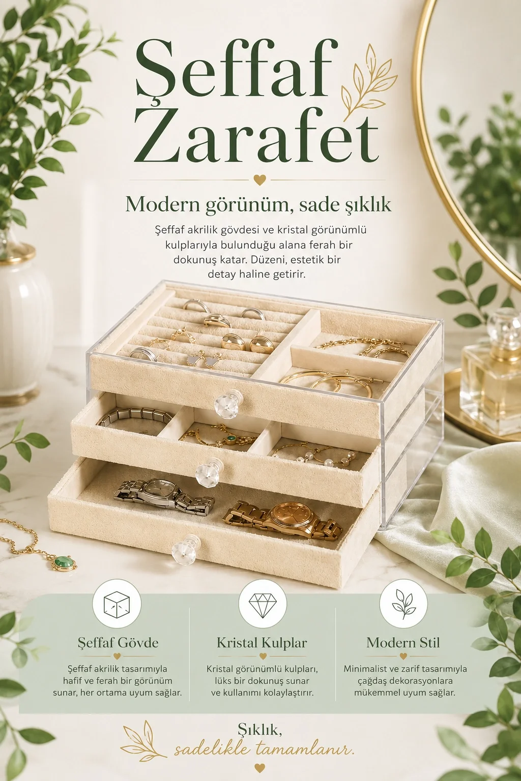 Yüzük Kolye Bileklik Saat İçin Çekmeceli Kadife Takı Organizer Kutusu