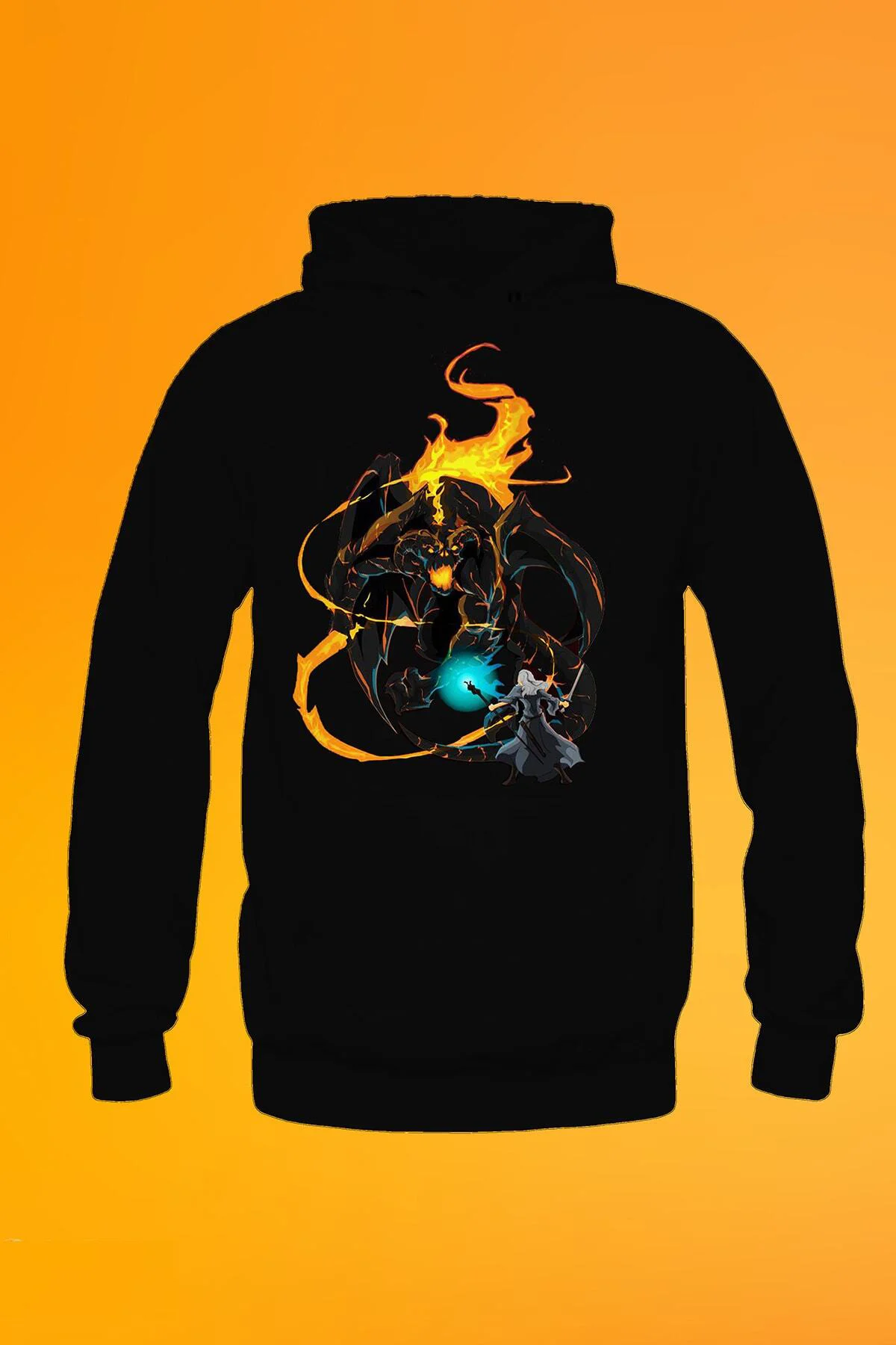 Yüzüklerin Efendisi Balrog Baskılı Siyah Erkek Kapşonlu Fermuarsız Sweatshirt Hoodie