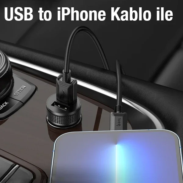 Z49 Çift USB Araç Şarj Başlık + USB‑to‑iPhone Lightning Kablo - Hızlı QC 3.0 Şarj