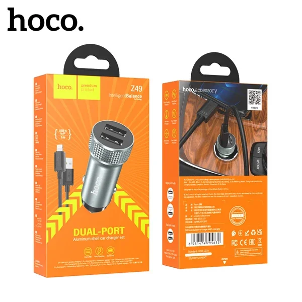 Z49 Çift USB Araç Şarj Başlık + USB‑to‑iPhone Lightning Kablo - Hızlı QC 3.0 Şarj