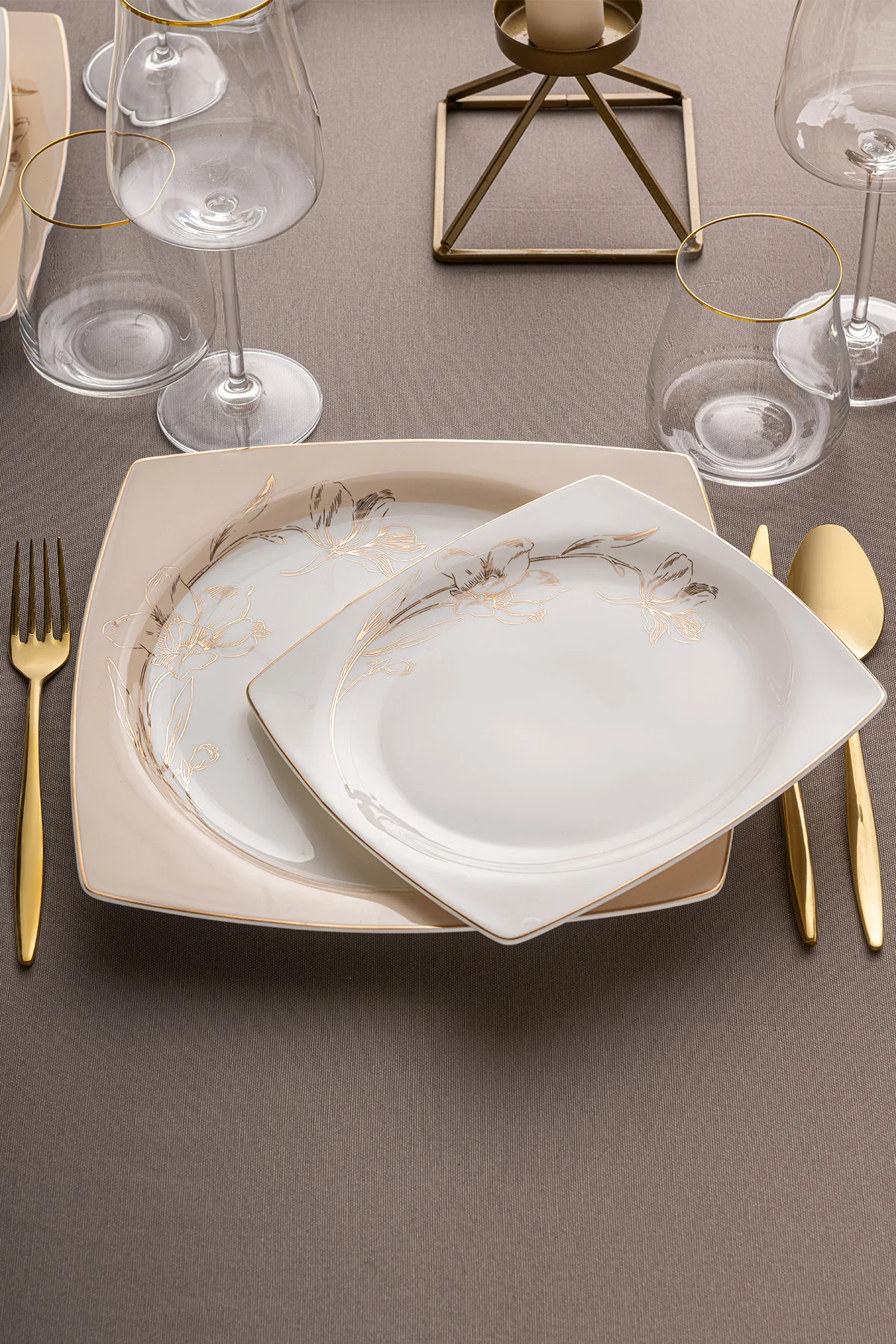 Zambak 60 Parça 12 Kişilik Kare Yemek Takımı Fine Bone