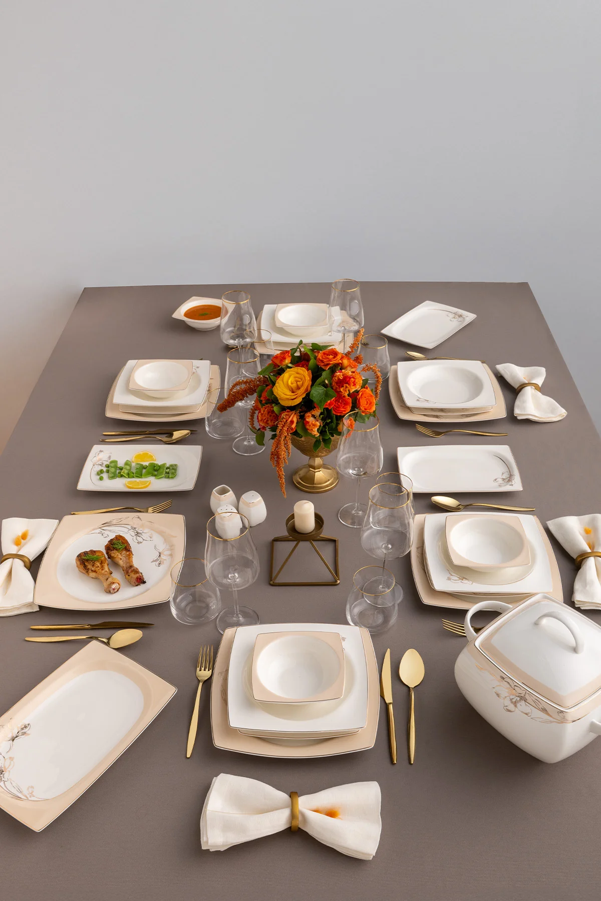 Zambak 60 Parça 12 Kişilik Kare Yemek Takımı Fine Bone