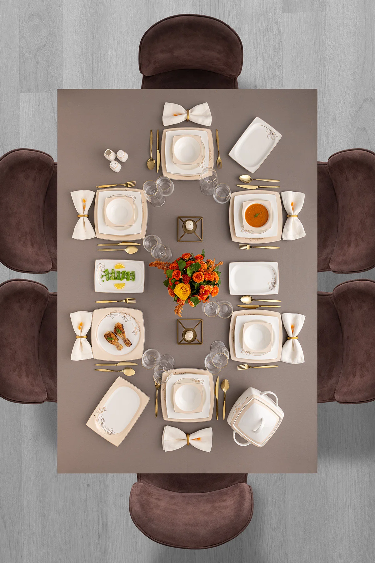 Zambak 60 Parça 12 Kişilik Kare Yemek Takımı Fine Bone