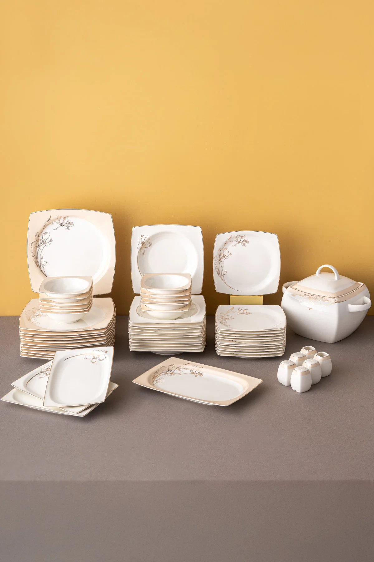 Zambak 60 Parça 12 Kişilik Kare Yemek Takımı Fine Bone