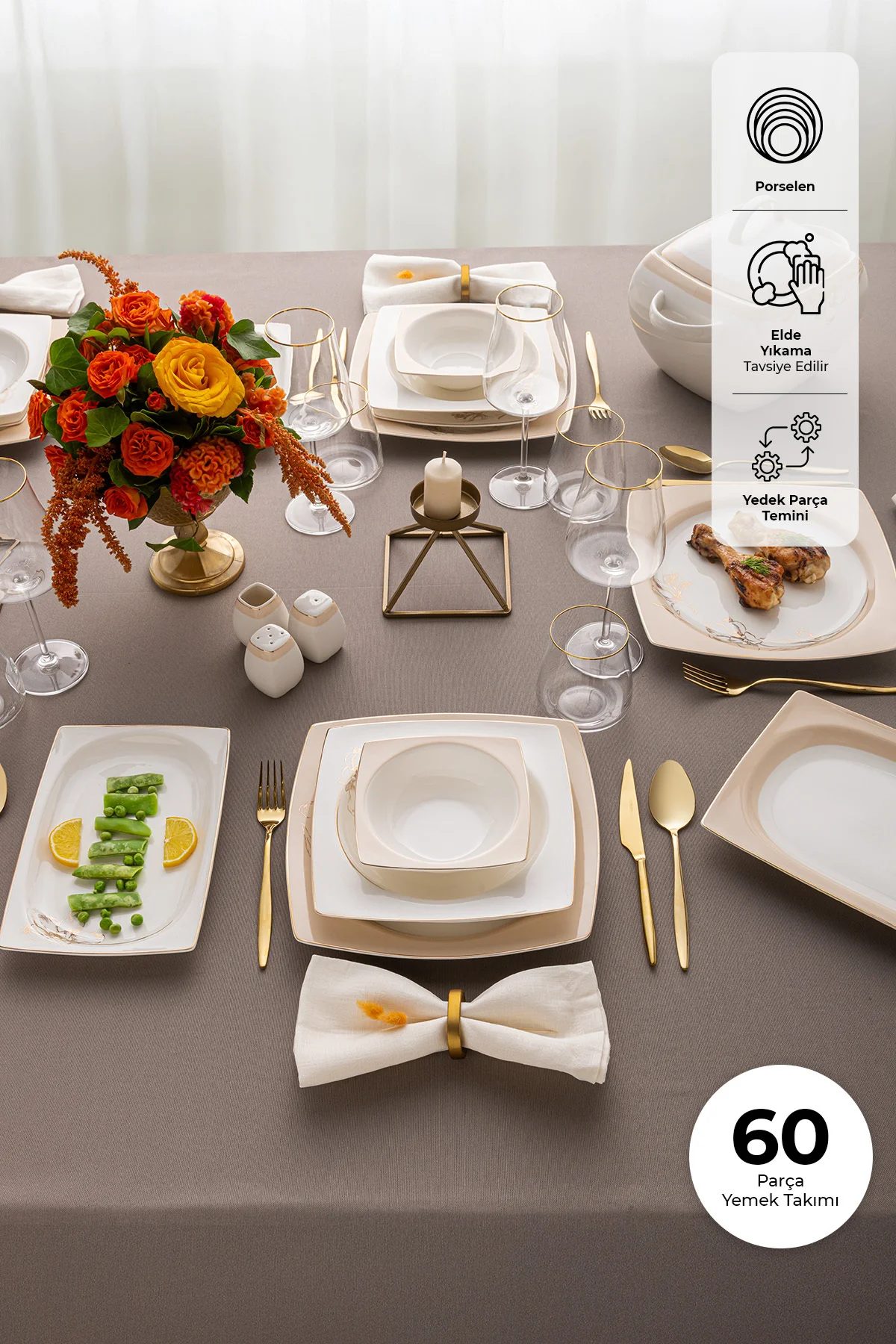 Zambak 60 Parça 12 Kişilik Kare Yemek Takımı Fine Bone