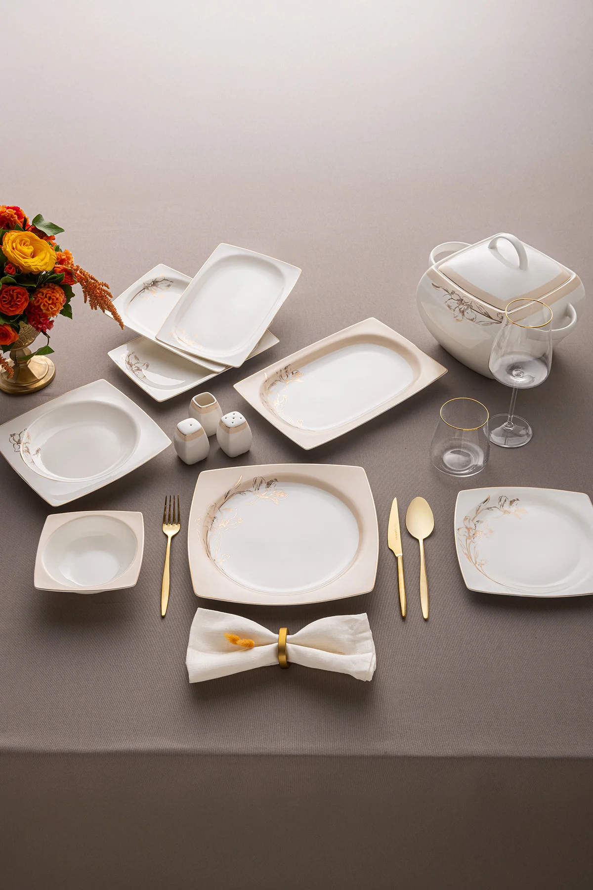 Zambak 60 Parça 12 Kişilik Kare Yemek Takımı Fine Bone