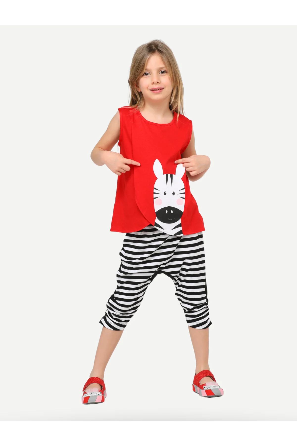 Zebra Çizgili Baggy Kapri Takım