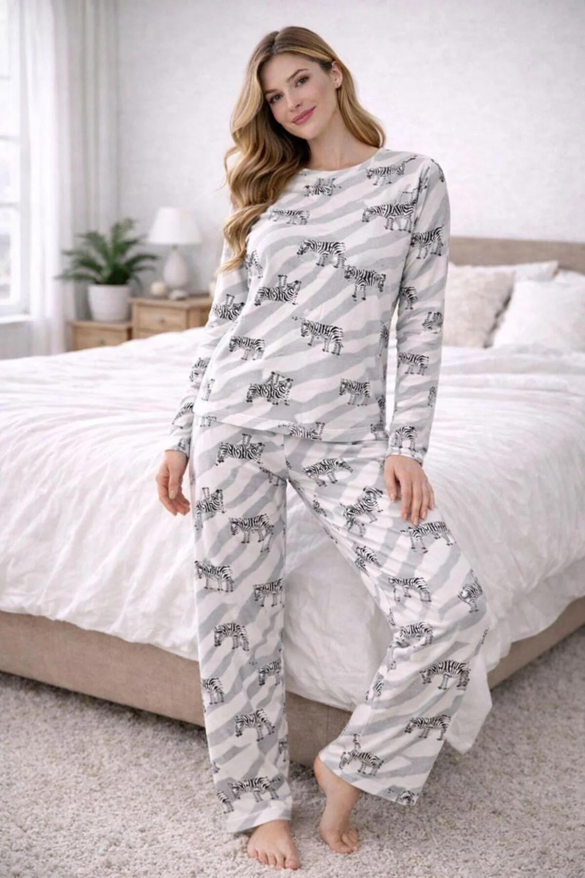 zebra desenli yumuşak pamuklu uzun kollu kadın pijama takımı
