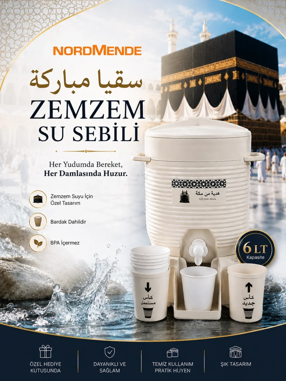 Zemzem Su Sebili 6 Lt | Kabe Temalı Zemzemlik | Bardaklıklı Hac Umre Hediyelik Sebil Fiyatı, Yorumları ve Özellikleri