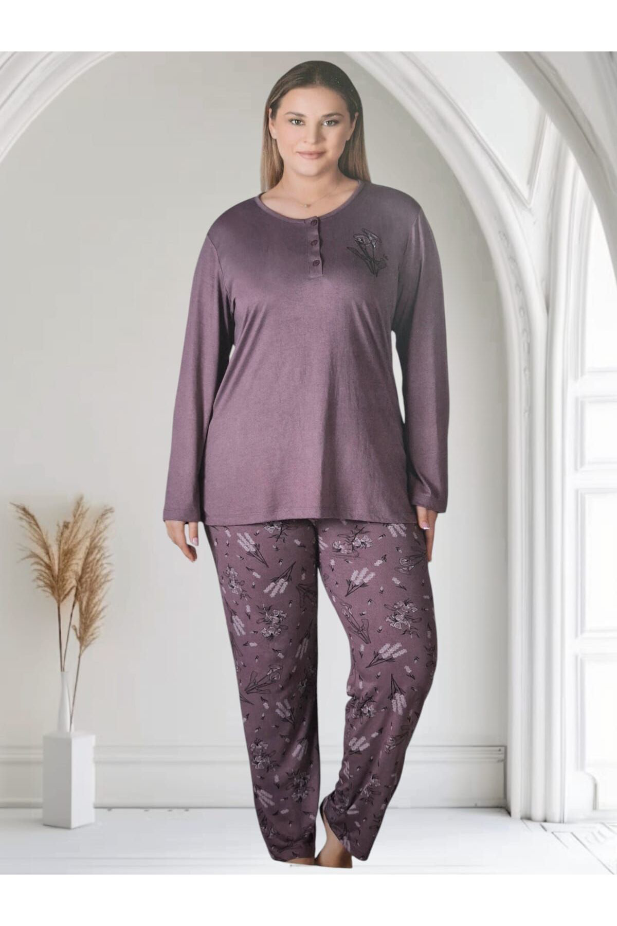 Alperi Zen Büyük Beden Yazlık Uzun Kol Kadın Pijama Takımı