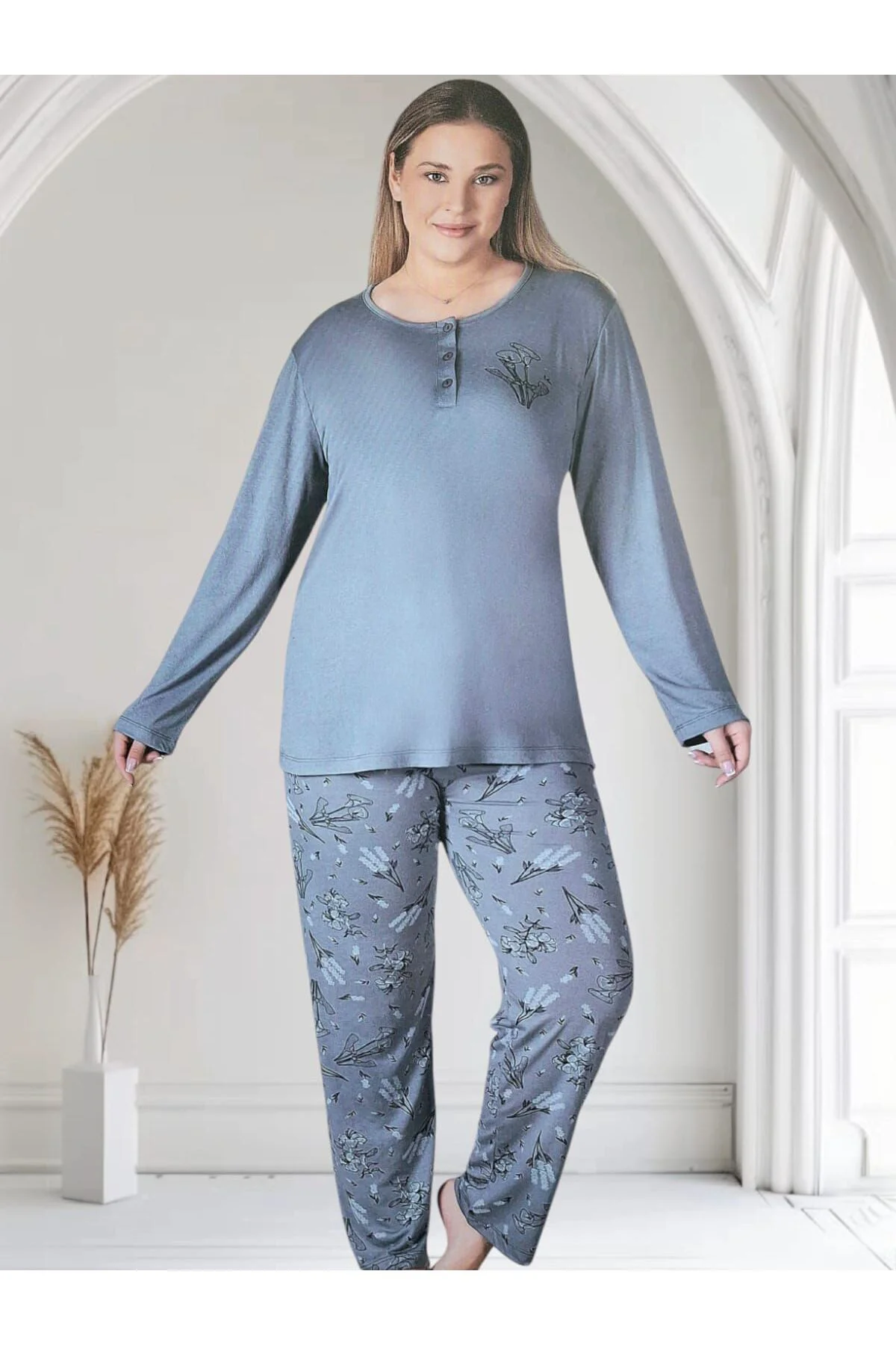 ZEN Büyük Beden Yazlık Uzun Kol Kadın Pijama Takımı