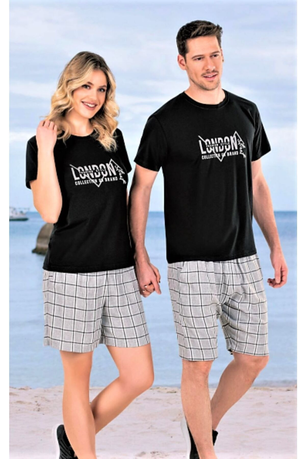 ZEN Kısa Kol Ekose Kadın Şort Takım SİYAH