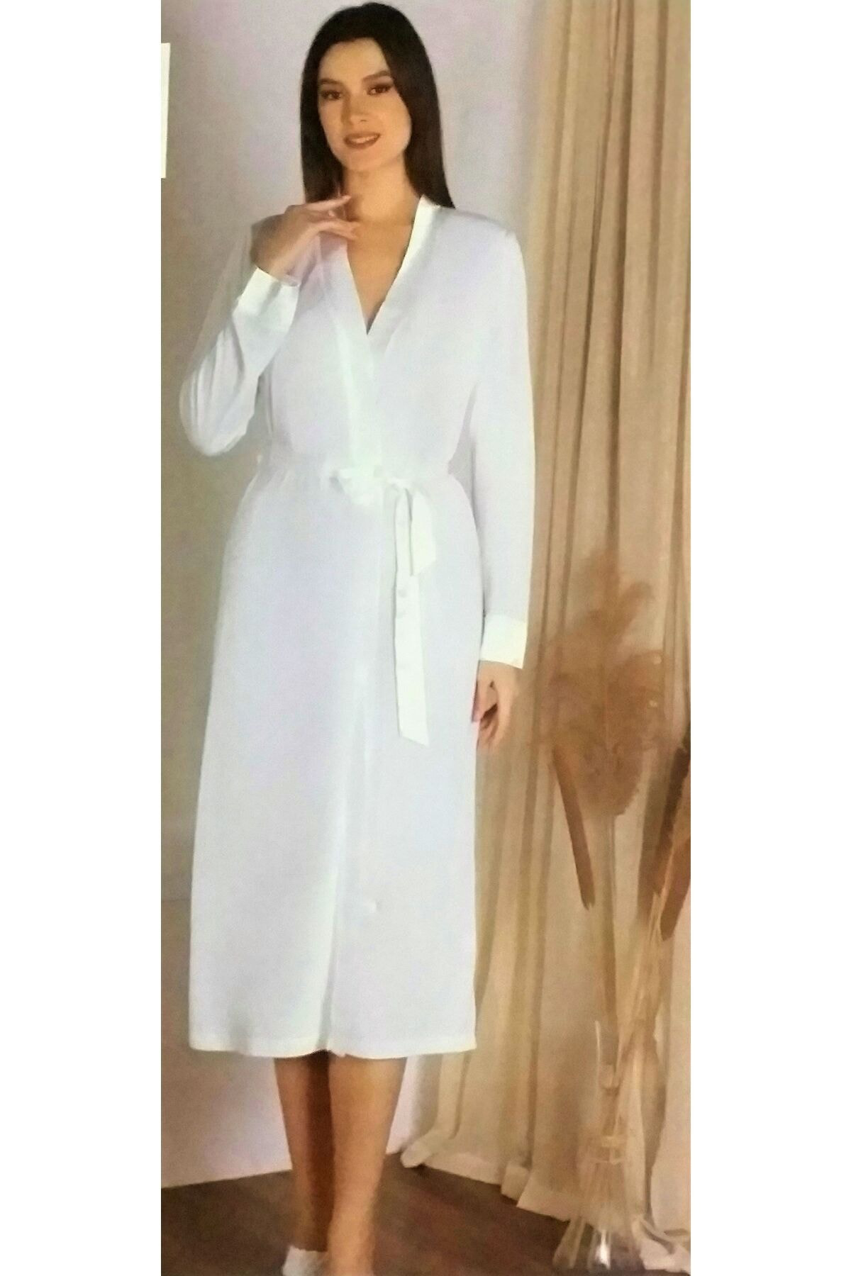 Flz Zen Saten Detaylı Bağlamalı Uzun Sabahlık Ekru