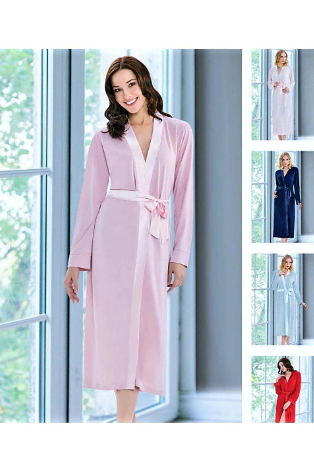 Flz Zen Saten Detaylı Bağlamalı Uzun Sabahlık Ekru