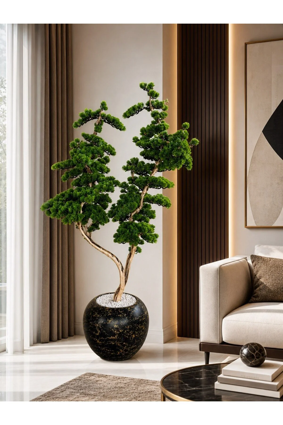 Zen Serisi Lüks Dekoratif Yapay Bonsai Ağacı - Siyah Mermer Desen