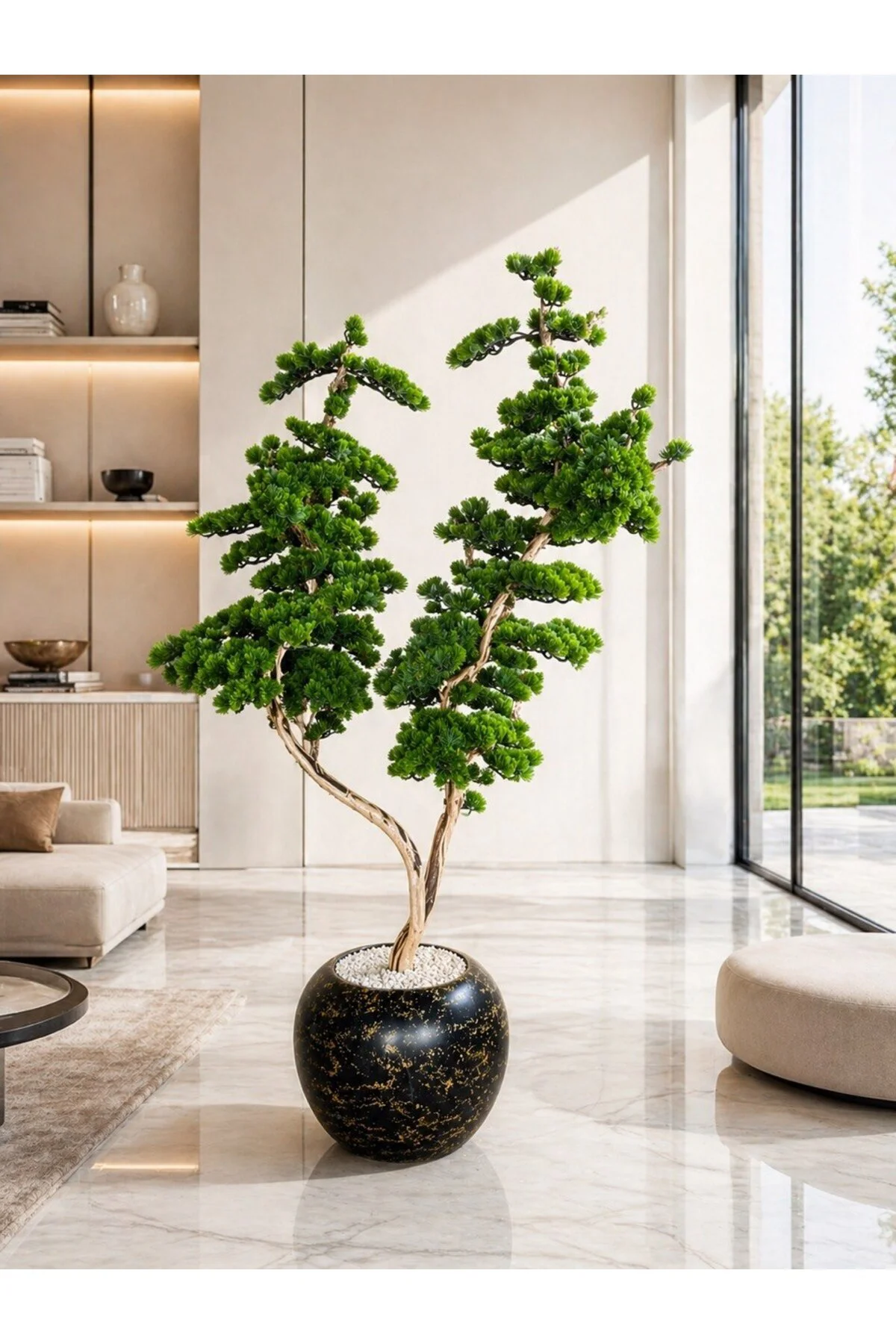Zen Serisi Lüks Dekoratif Yapay Bonsai Ağacı - Siyah Mermer Desen