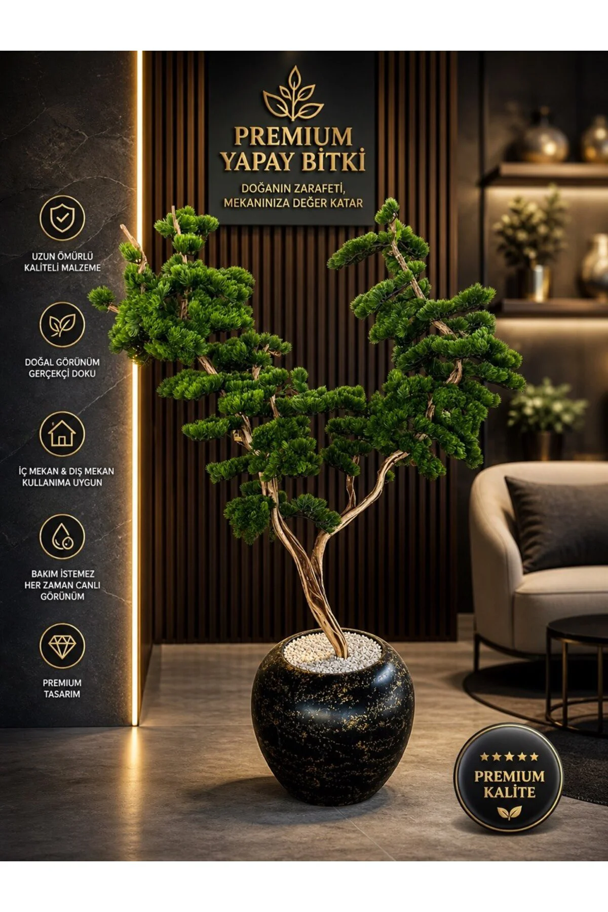 Zen Serisi Lüks Dekoratif Yapay Bonsai Ağacı - Siyah Mermer Desen