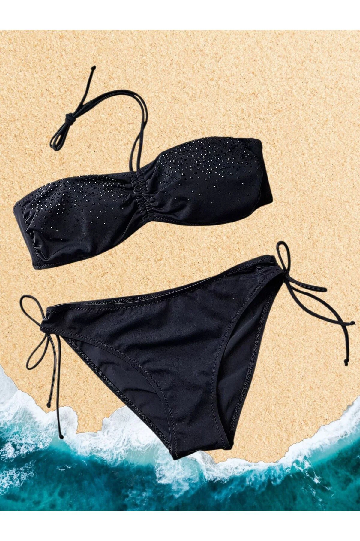 Zen Taşlı Straplez Bikini Takımı Siyah
